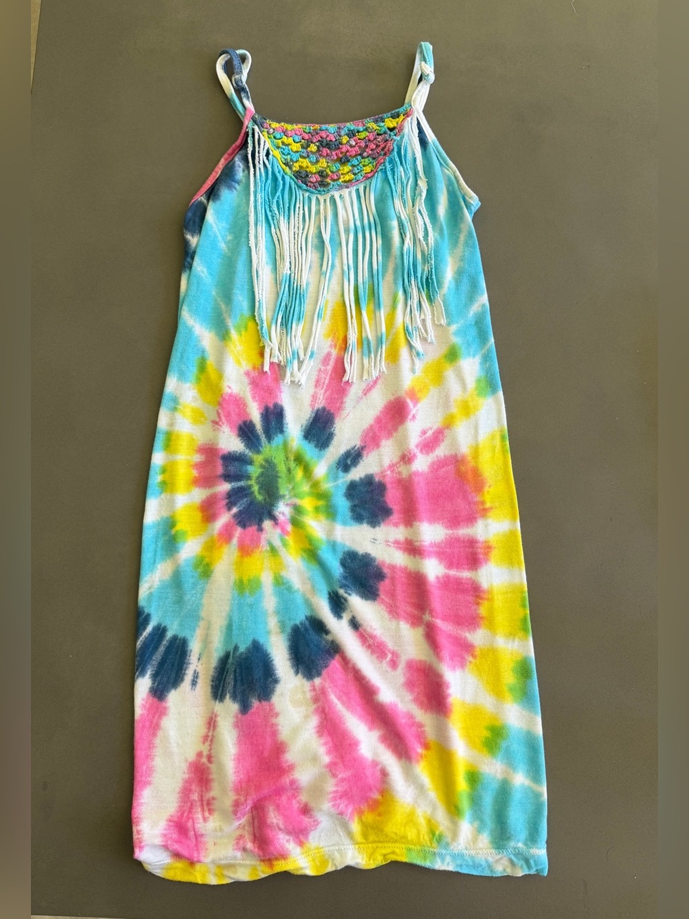 Flowers by Zoe Multicolor Tie-Dye Fringe Dress Sz Small